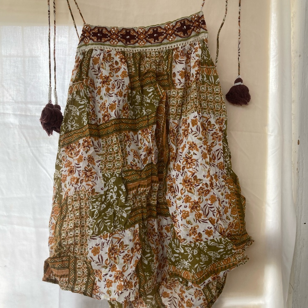Nicole Miller Green and Brown Patchwork Floral Tie-Strap Tank Top